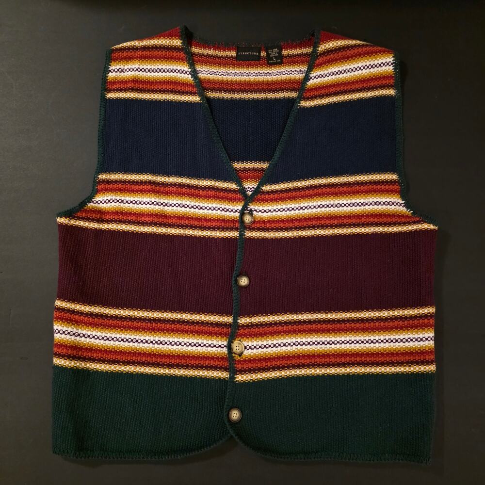 Structure Vintage Sweater Vest Striped Mens L 90s Y2K Knit Earth Tone Grandpa